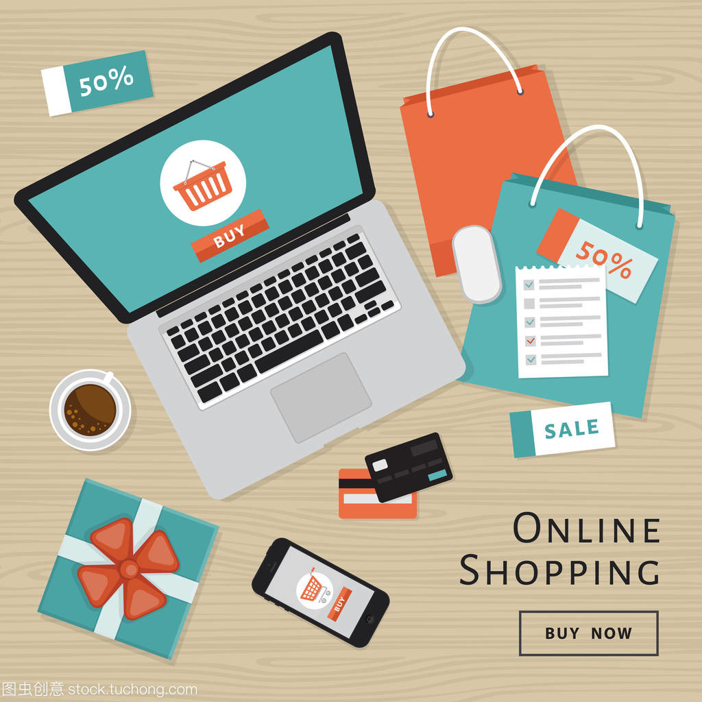 網(wǎng)上購物的概念。在線商店對象和橫幅。表與筆記本電腦, 購物袋, 信用卡, 禮品和優(yōu)惠券。平面樣式, 矢量插圖